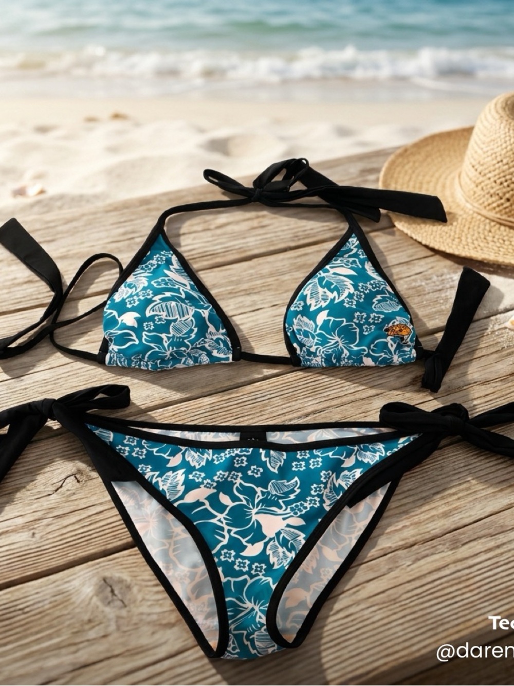 NFL Teal Floral Tie-Side Bikini with Black Trim